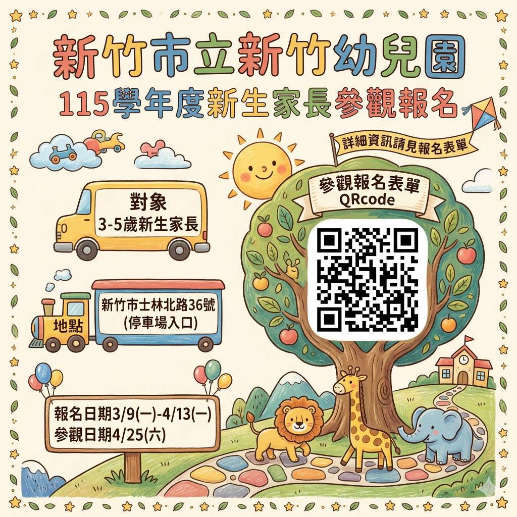 【邀您走進新竹市立新竹幼兒園】 🌸 115學年度新生家長參觀日,報名開始! 親愛的家長您好: 您正在為孩子尋找一個溫暖、快樂且充滿探索機會的成長空間嗎? 新竹市立新竹幼兒園誠摯邀請您走進園內,親自感受我們的教學環境與校園日常! 我們準備好了,期待與您和孩子見面: 📝 【報名資訊】 📅 報名時間: 3/9(一)至 4/13 (一) 🔗 報名網址: https://forms.gle/4VR2fmaUuZYG8Leq8 📱 便利報名: 亦可直接掃描海報上的 QR Code 進入表單